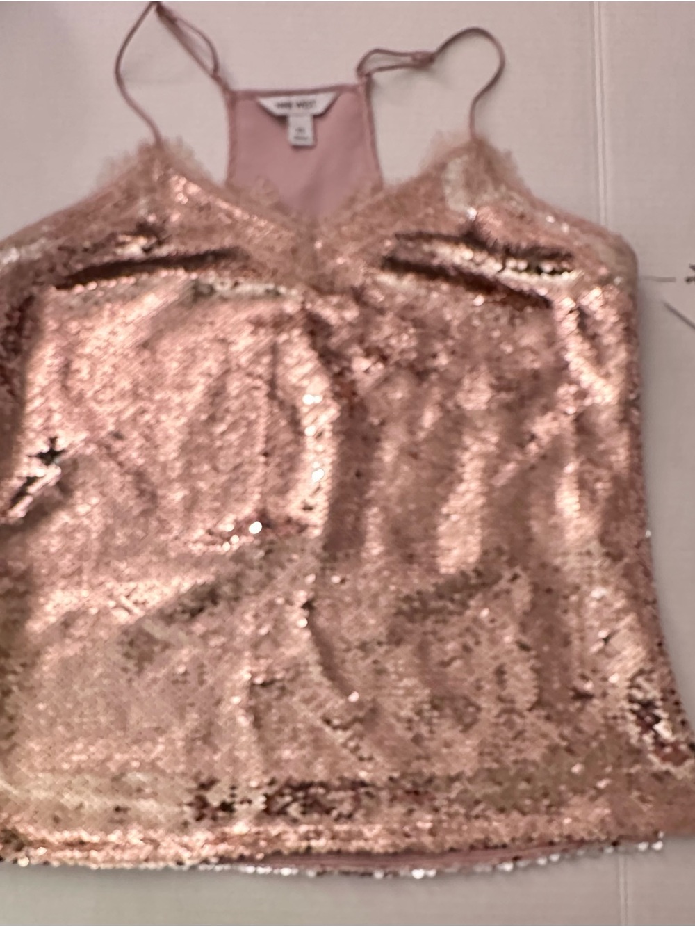 NWT Nine West Rose Gold Mermaid Sequin Racerback Tank Cami Top Lace Size XS